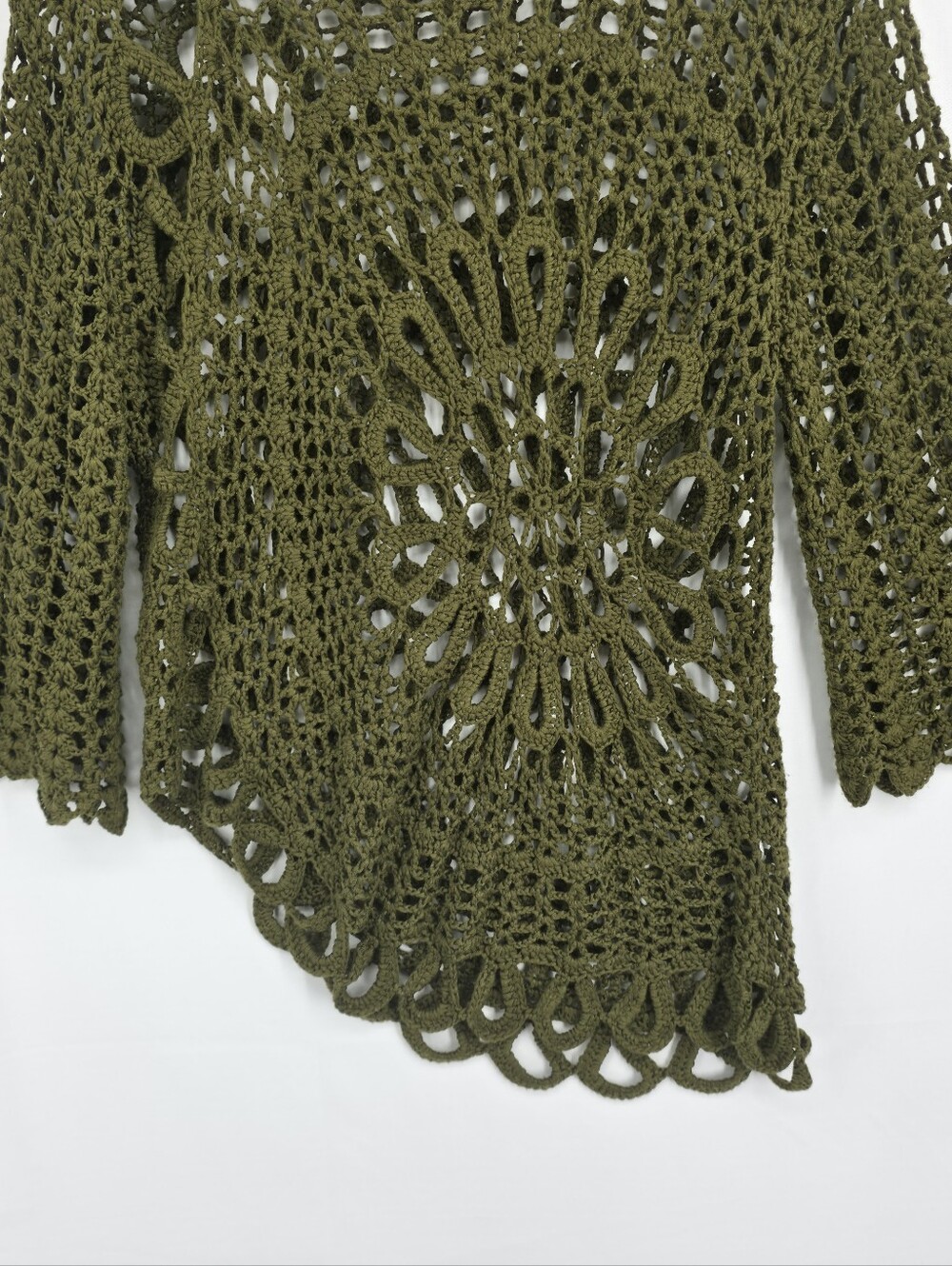 Vintage 90s Olive Crochet Asymmetrical Knit Top Bell Sleeve Boho Coastal Medium - Picture 4 of 10